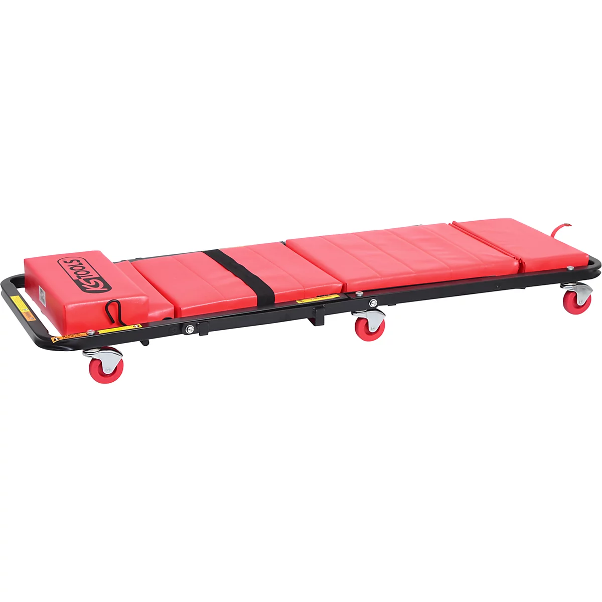 Chariot d'atelier rouge avec cadre noir et roulettes. Un logo KS Tools est affiché à l'extrémité de la tête.